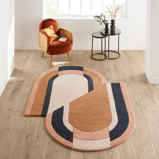 Modern Handmade Irregular Rug | Retro Arch Design in Terracotta & Pink