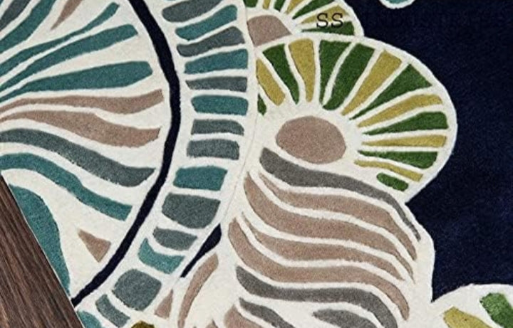 Luxury Handmade Silk Floral Carpet – Navy Blue & Green Designer Rug for Elegant Home Décor