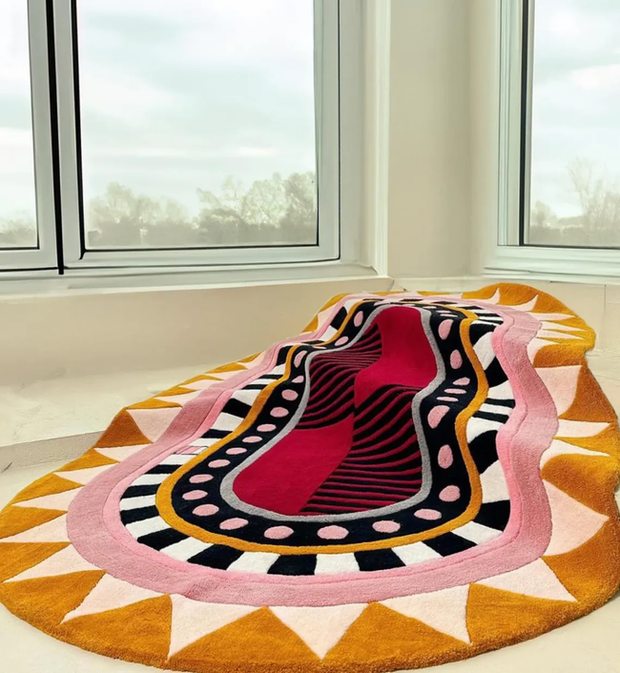 Hand-Tufted Carpet – Modern Abstract Rug in Yellow, Red & White | Contemporary Living Room & Bedroom Decor