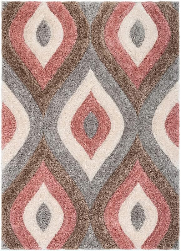 Peach & Grey Handwoven Microfiber Geometric Super Soft Shaggy Carpet