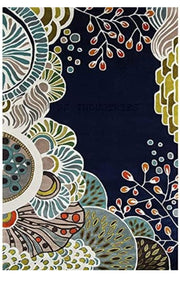 Luxury Handmade Silk Floral Carpet – Navy Blue & Green Designer Rug for Elegant Home Décor