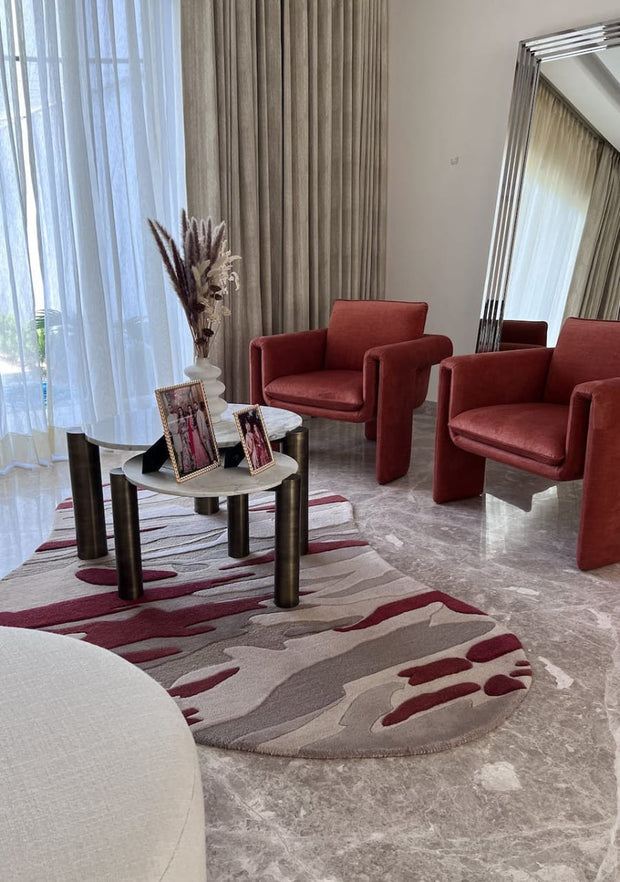 Abstract Irregular Hand-Tufted Wool Rug – Red & Beige Tones