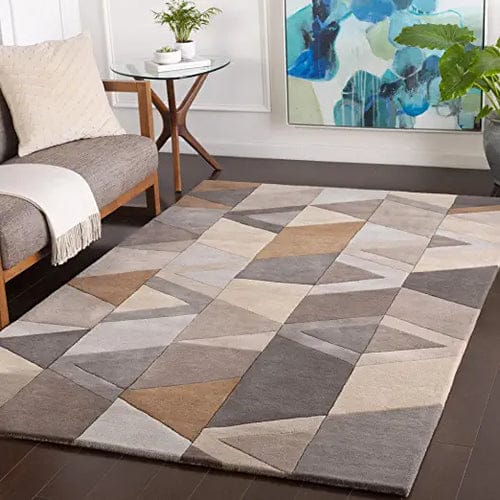 Modern Geometric Design Hand Tufted Wool Carpet in Neutral Tones