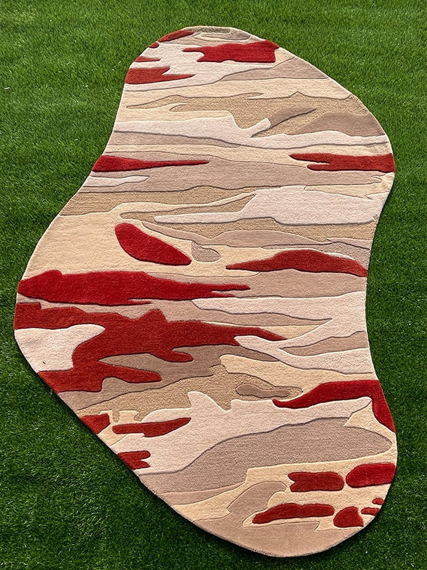 Abstract Irregular Hand-Tufted Wool Rug – Red & Beige Tones