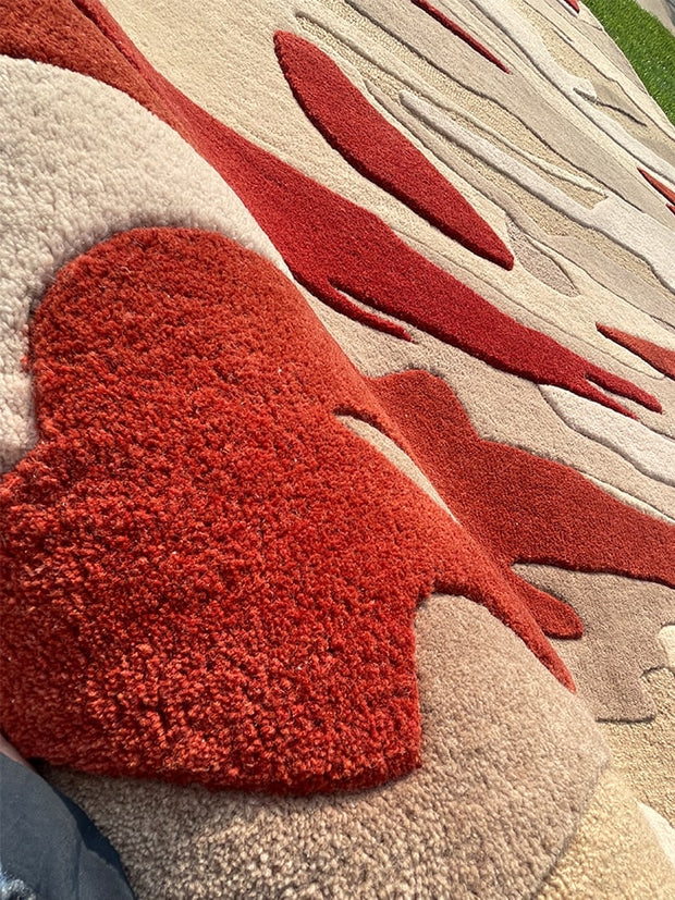 Abstract Irregular Hand-Tufted Wool Rug – Red & Beige Tones