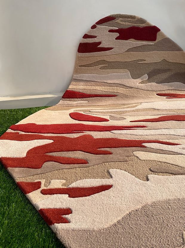 Abstract Irregular Hand-Tufted Wool Rug – Red & Beige Tones