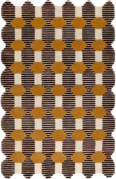 Ochre and Brown Geometric Design Hand Tufted Scalloped Rug