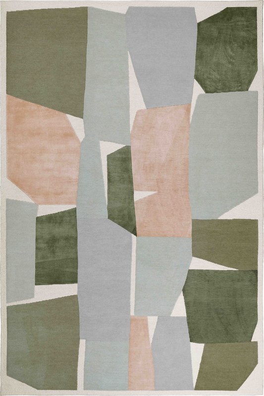 The Terra Mosaic Rug – Modern Abstract Geometric Area Rug in Sage Green, Blush, and Grey